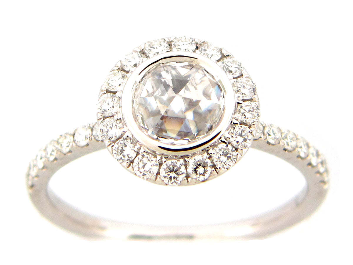 ROSE CUT ROUND WHITE DIAMOND RING, 18KW (N)