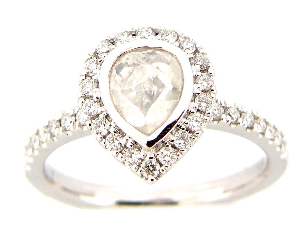 ROSE CUT PEAR DIAMOND HALO RING, 18KW (N)