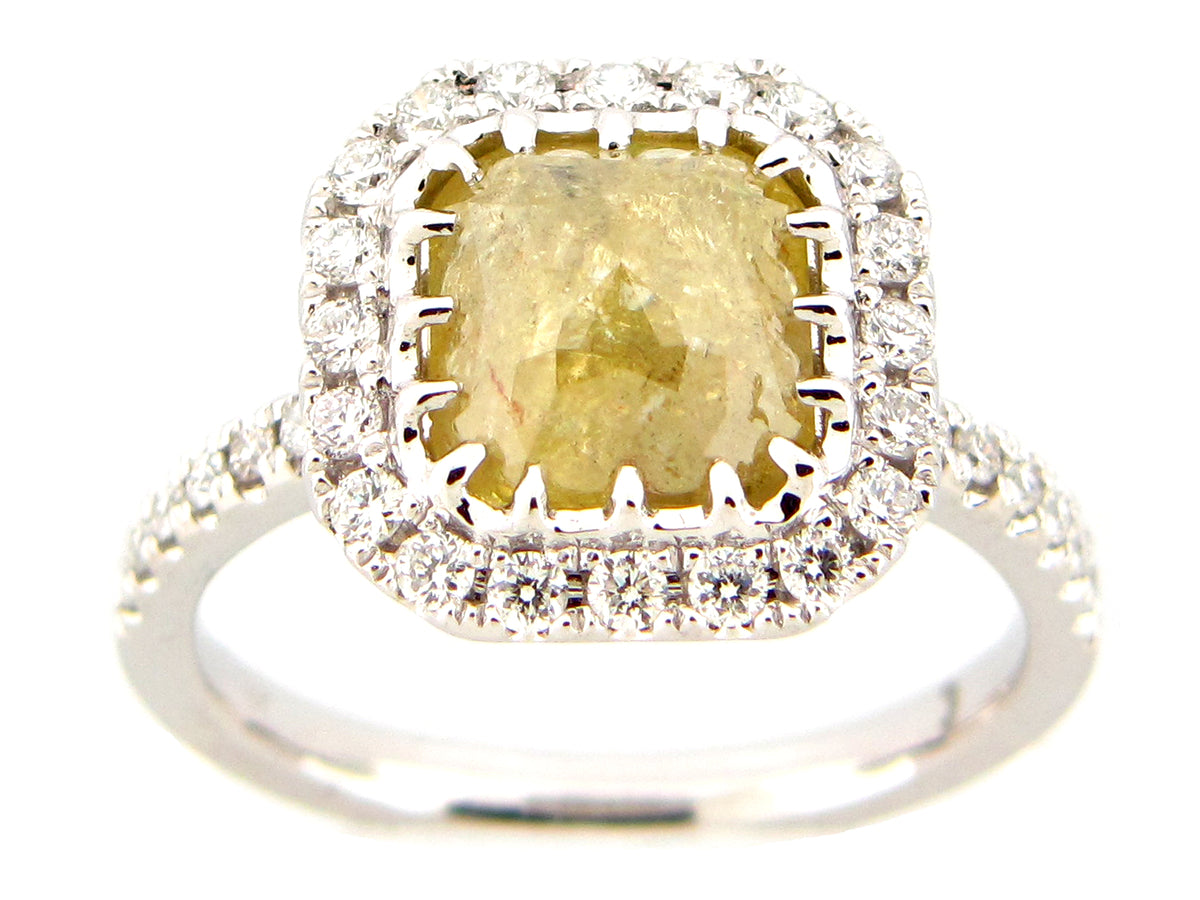 ROSE CUT YELLOW DIAMOND CUSHION RING, 18KW (N)