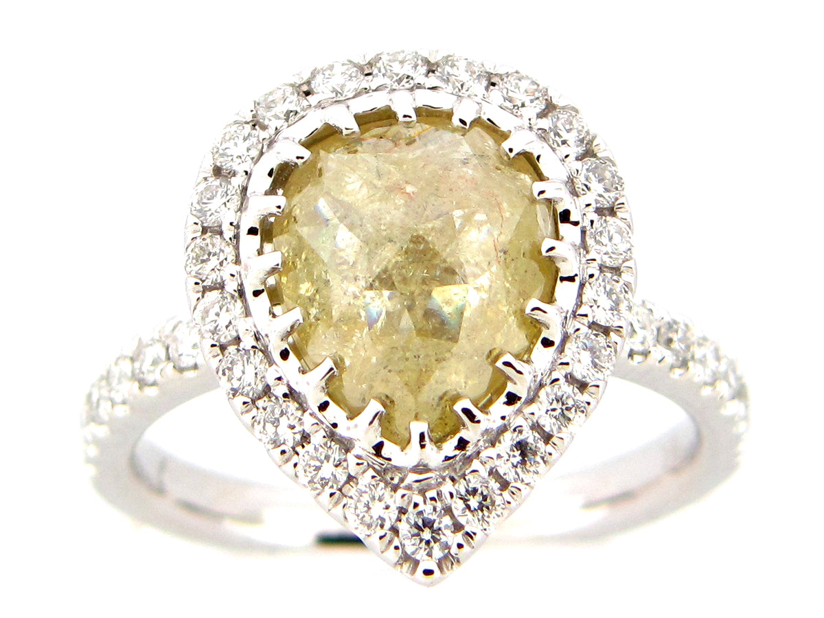 ROSE CUT YELLOW PEAR DIAMOND HALO RING, 18KW (N)