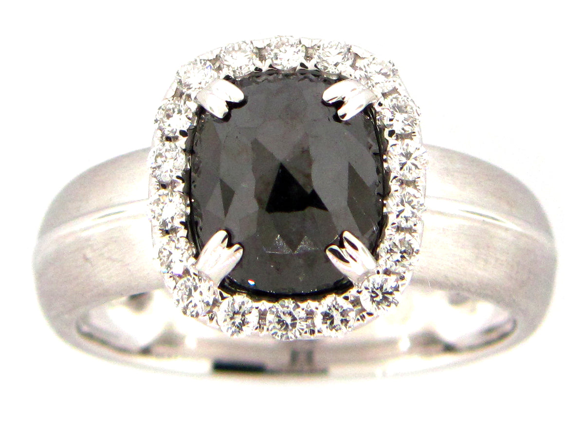 ROSE CUT BLACK DIAMOND RING, 18KW (N)