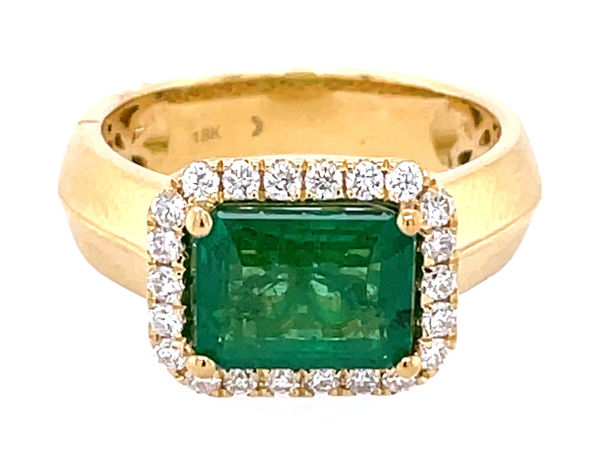 EMERALD CUT EMERALD & DIAMOND HALO RING, SATIN FINISH