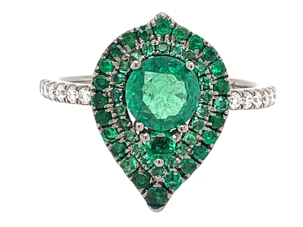 EMERALD DOUBLE HALO & DIAMOND RING, 18K BLACK FINISH (O)