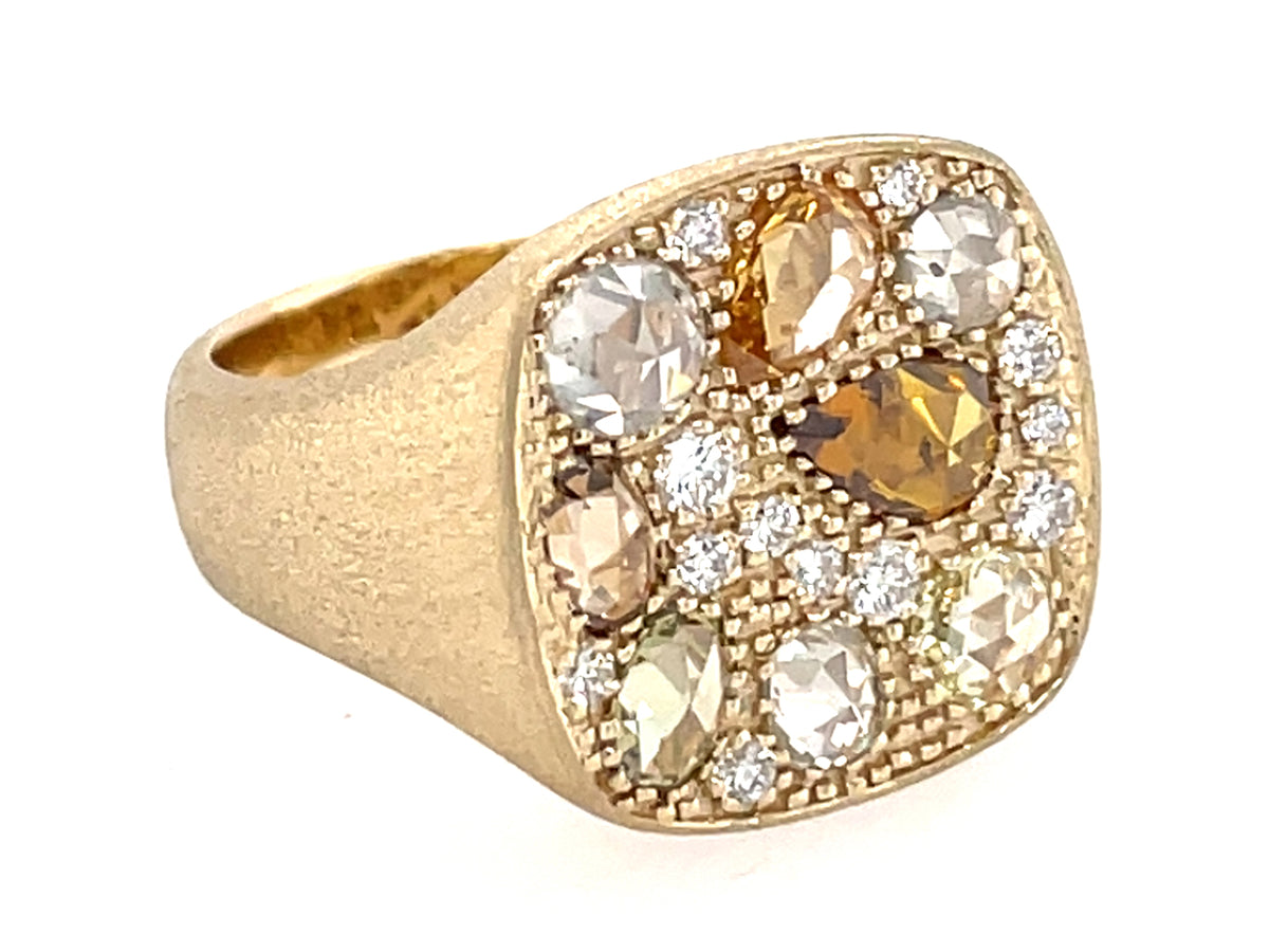 NATURAL MIXED CUT COLOR DIAMOND CUSHION SIGNET RING, SATIN FINISH