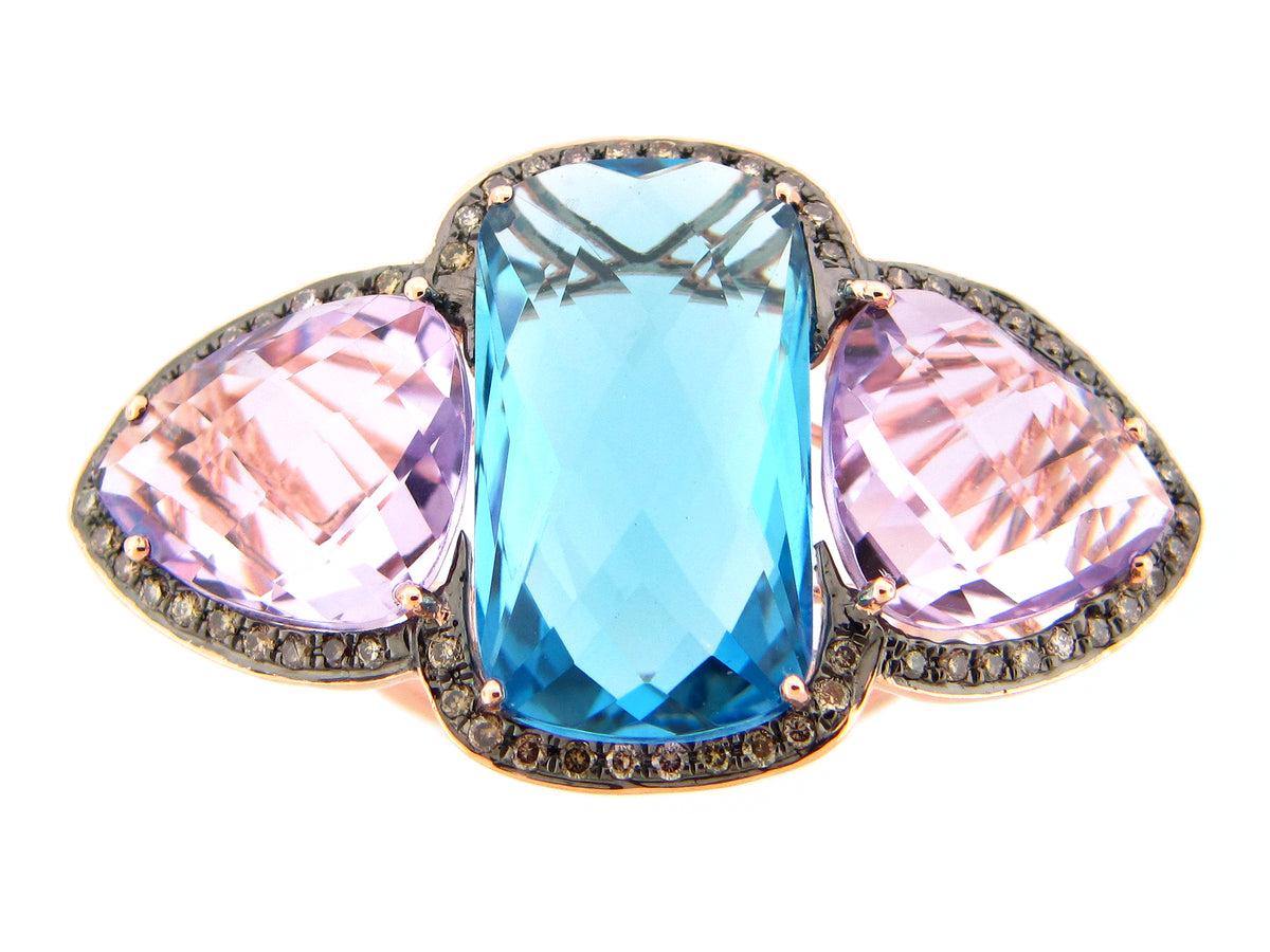 SWISS BLUE TOPAZ, PINK AMETHYST, BROWN & WHITE DIA 3 STONE RING, 14KR (R/H/N)