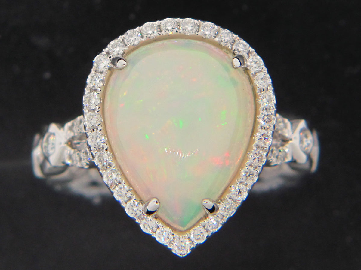 OPAL & DIAMOND TEAR DROP RING, 18KW (O)