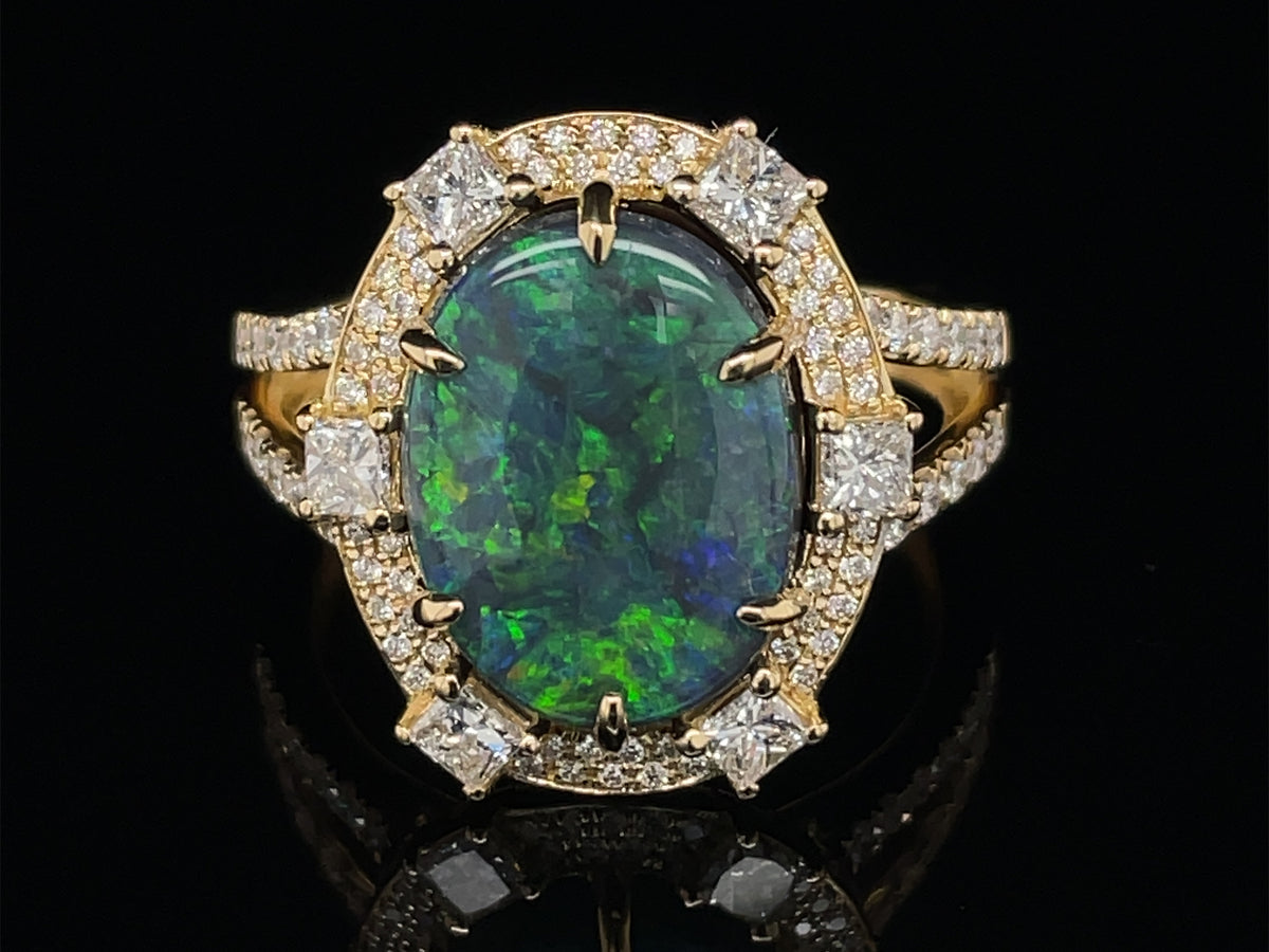 BLACK OPAL & DIAMOND RING, SIZE 9, 18KY (N)