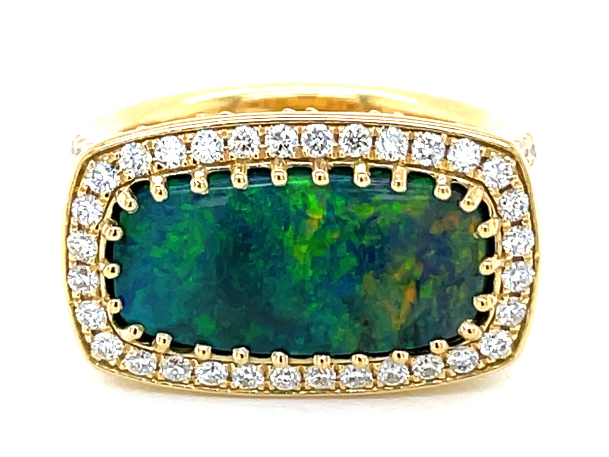 LIGHTNING RIDGE CUSHION BLACK OPAL & DIAMOND RING