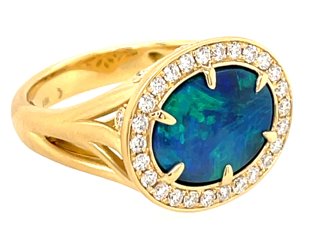 LIGHTNING RIDGE BLACK OPAL & DIAMOND RING, SATIN FINISH