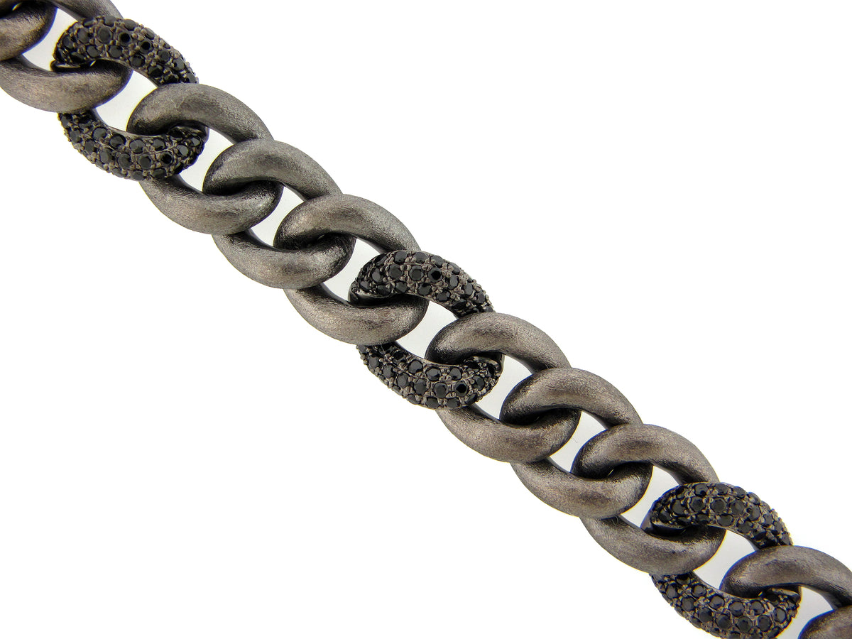 BLACK SPINEL LINK BRACELET, BLACK SATIN FINISH, SILVER (H)
