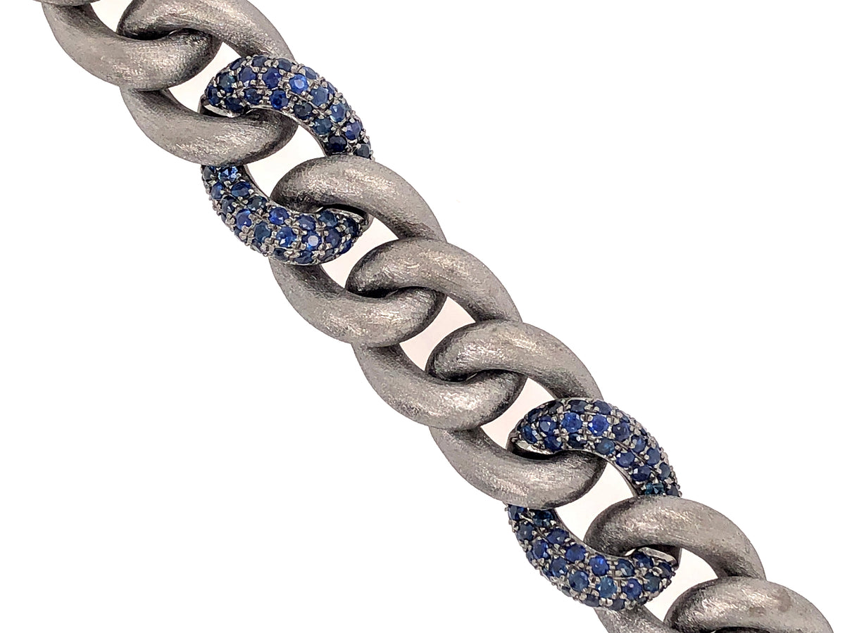 BLUE SAPPHIRE LINK BRACELET, BLACK SATIN FINISH, SILVER (H)