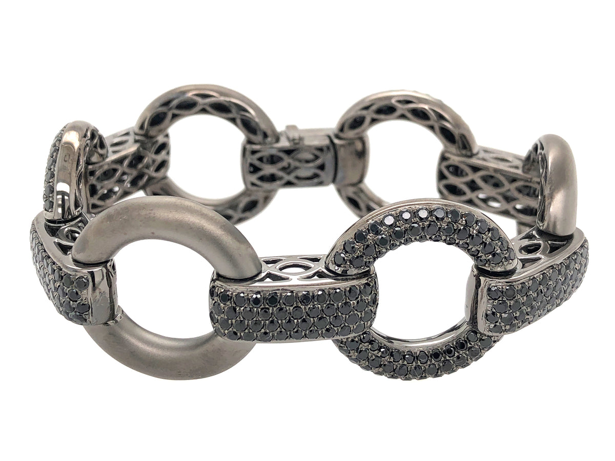 BLACK SPINEL CIRCLE LINK BRACELET, BLACK FINISH, SILVER (H)
