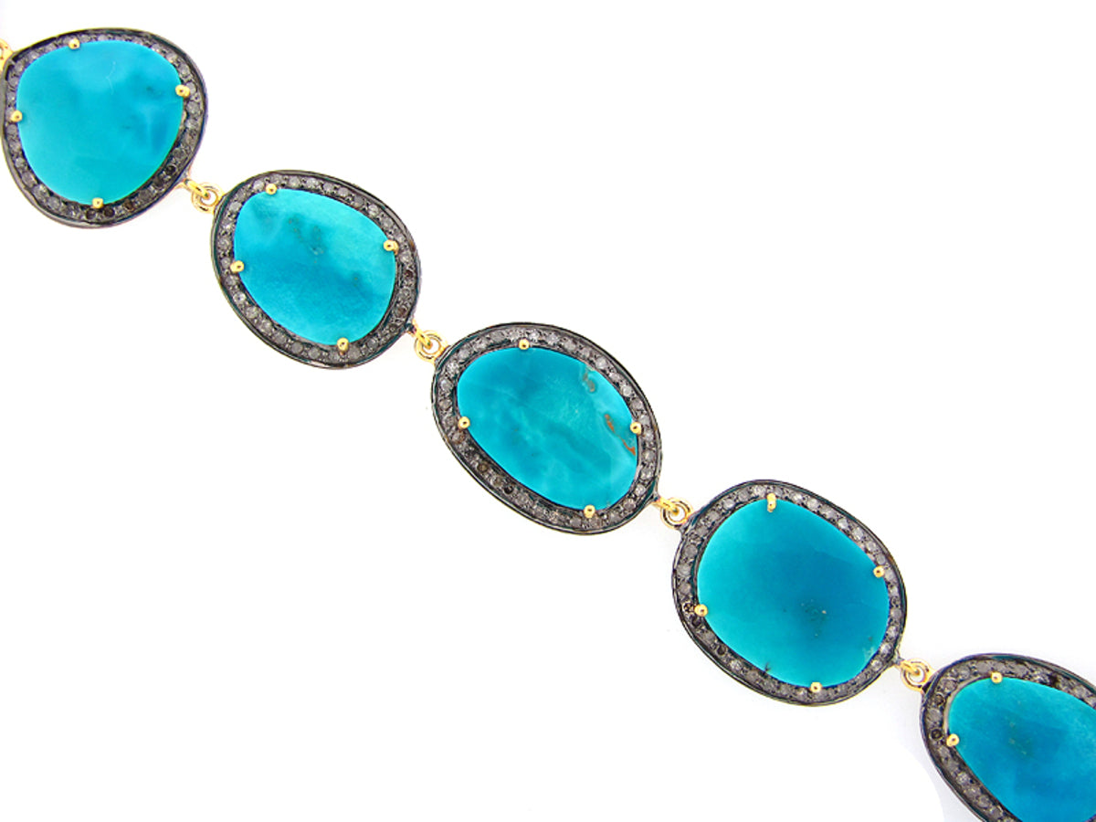TURQUOISE & BROWN DIAMOND BRACELET, YELLOW FINISH, SILVER (H)
