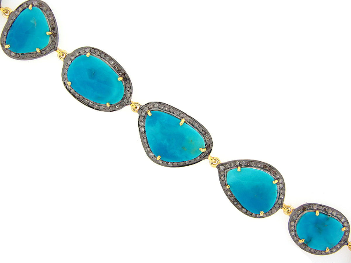 TURQUOISE & BROWN DIAMOND BRACELET, YELLOW FINISH, SILVER (H)