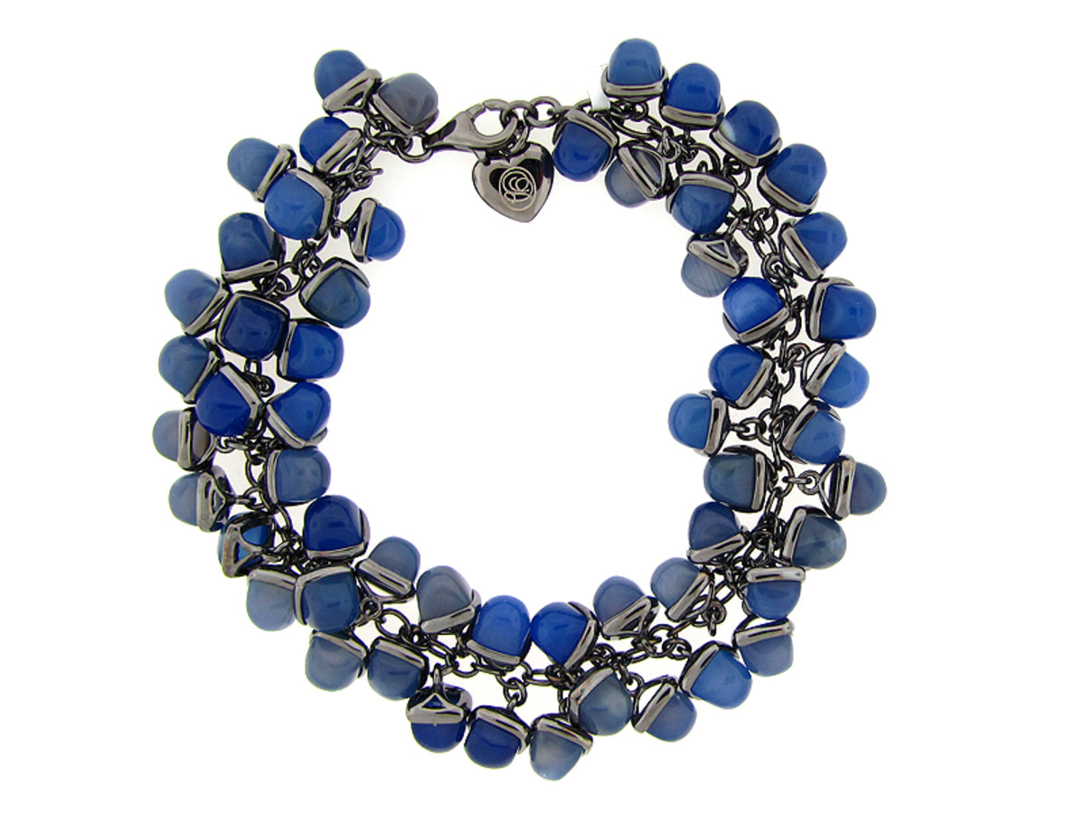 BLUE AGATE BRACELET, BLACK FINISH, SILVER (D)