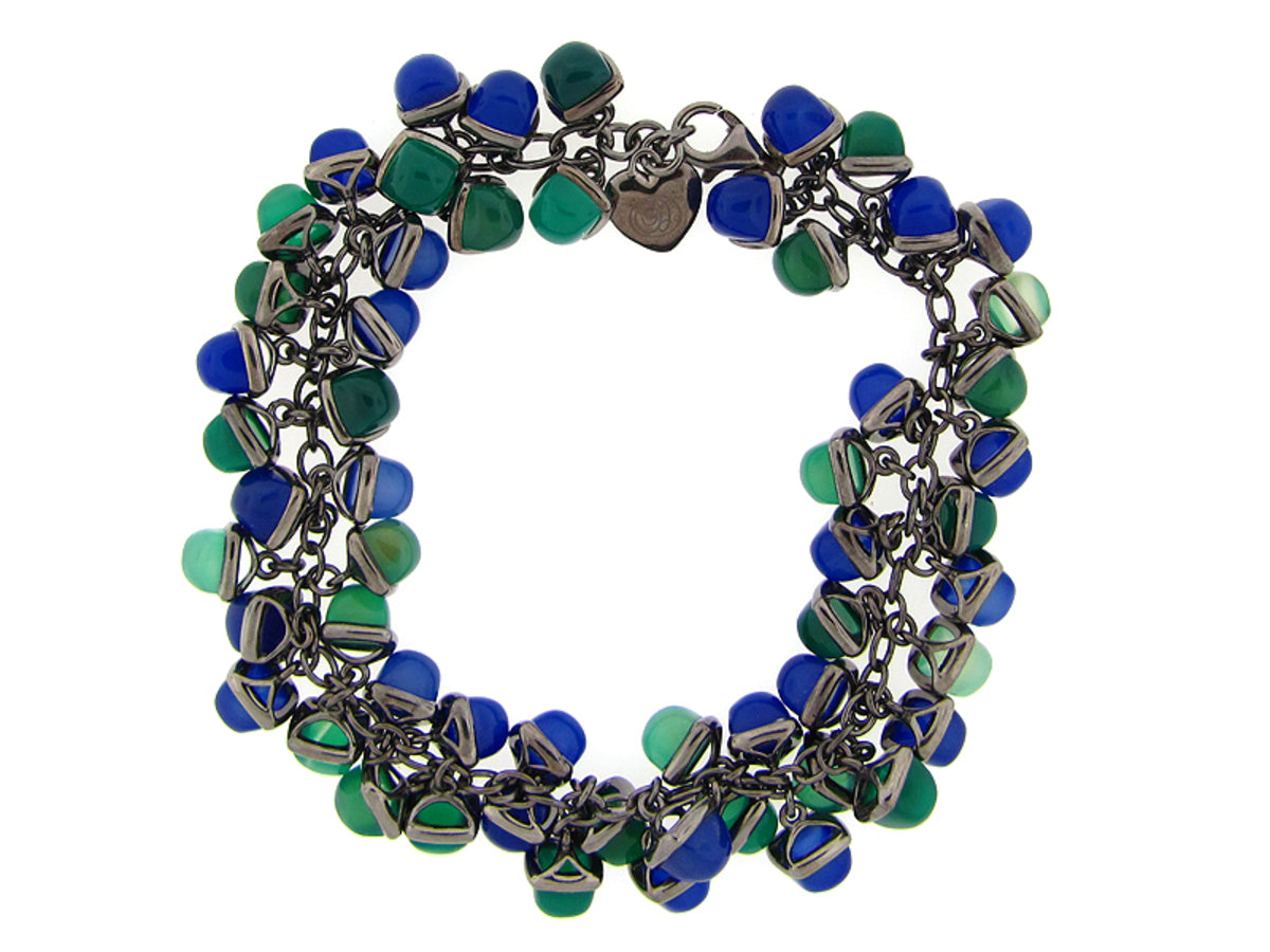 GREEN & BLUE AGATE BRACELET, BLACK FINISH, SILVER (D)
