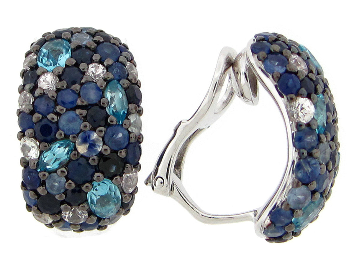 SAPPHIRE& BLUE TOPAZ EARRING, OMEGA CLIP WITH NO POST, SILVER (H/R)