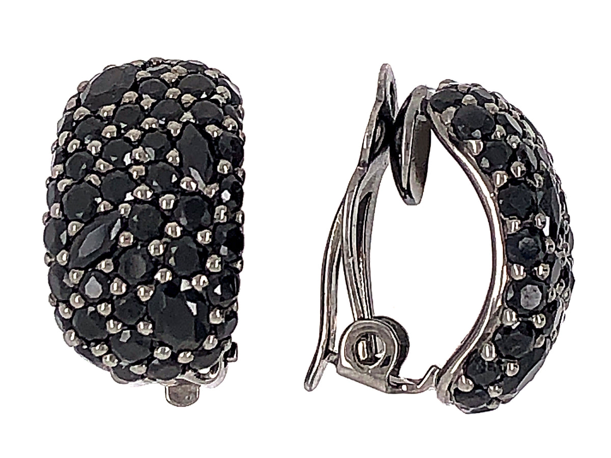 BLACK SPINEL EARRING, OMEGA CLIP NO POST, BLACK FINISH, SILVER (H)