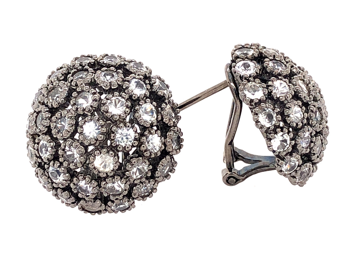 WHITE SAPPHIRE DOME EARRING, BLACK FINISH, SILVER (H)