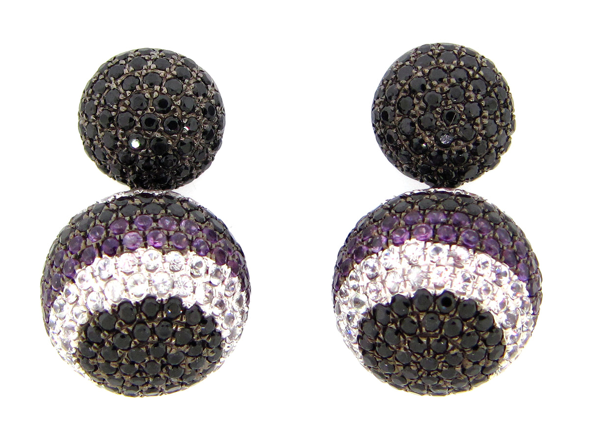 WHITE SAPPHIRE, BLACK SPINEL & AMETHYST EARRING, BLACK FINISH, SILVER (H)