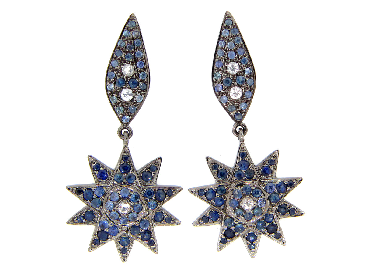 BLUE & WHITE SAPPHIRE EARRING, BLACK FINISH, SILVER (H)