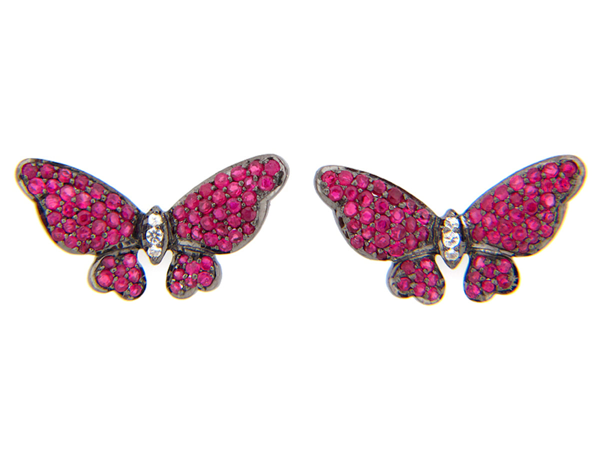 RUBY & WHITE SAPPHIRE EARRING, BLACK FINISH, SILVER (H)