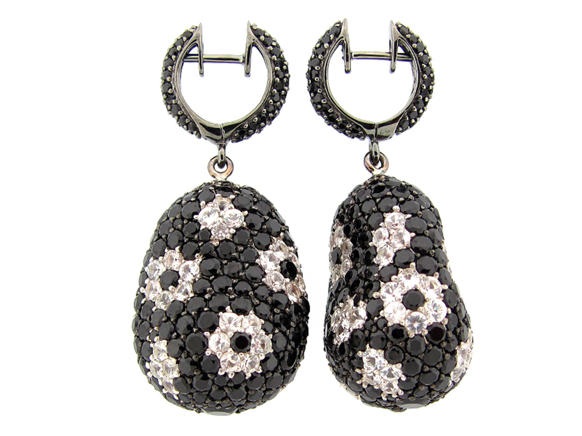 BLACK SPINEL & WHITE SAPPHIRE EARRING, BLACK FINISH, SILVER (N/H)