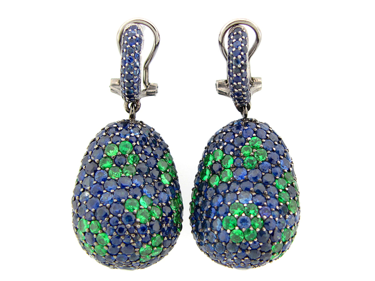 BLUE SAPPHIRE & TSAVORITE EARRING, BLACK FINISH, SILVER (H)