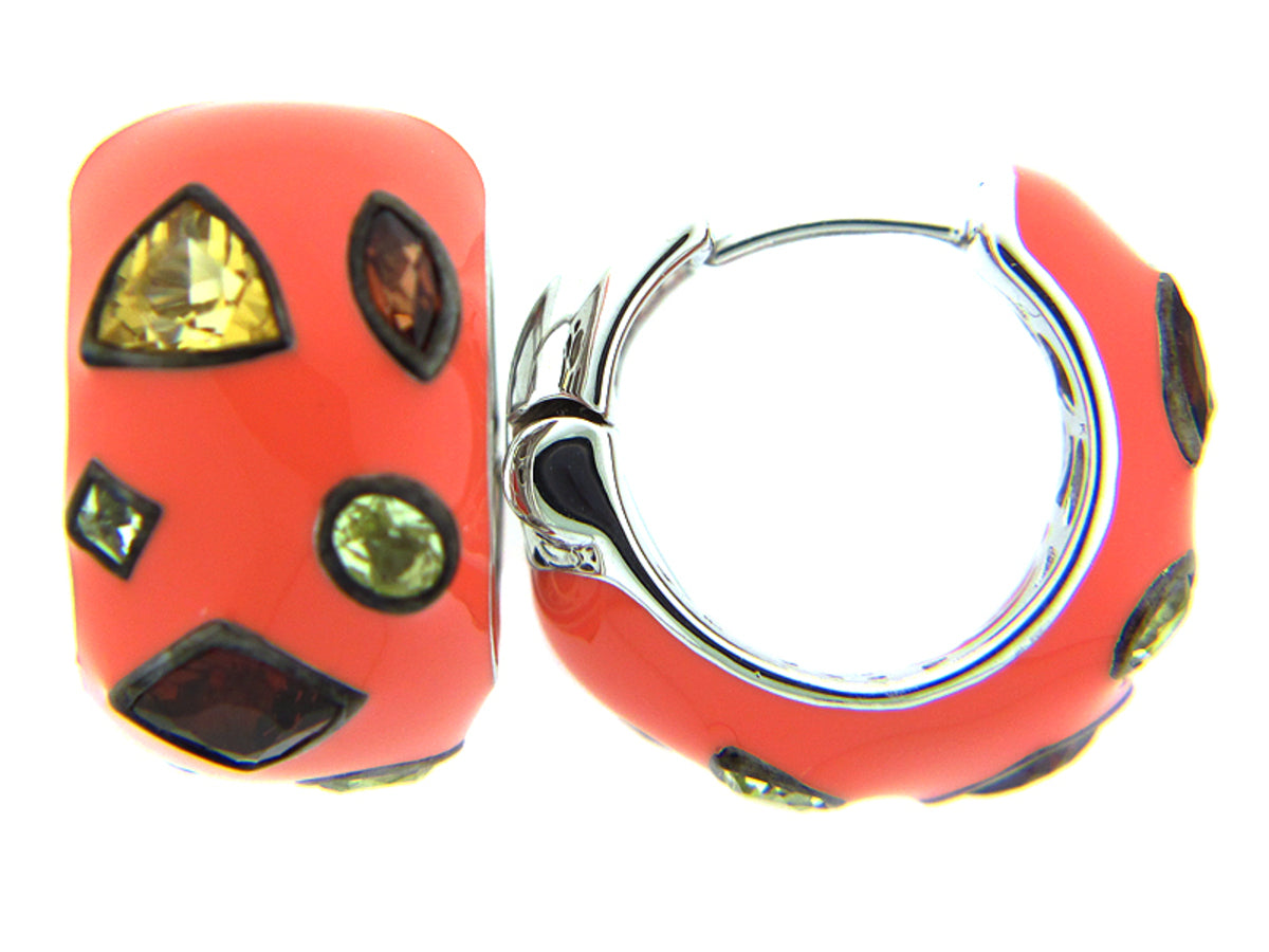 CITRINE/GARNET/LQ/ORANGE ENAMEL EARRING, SILVER (E/N)