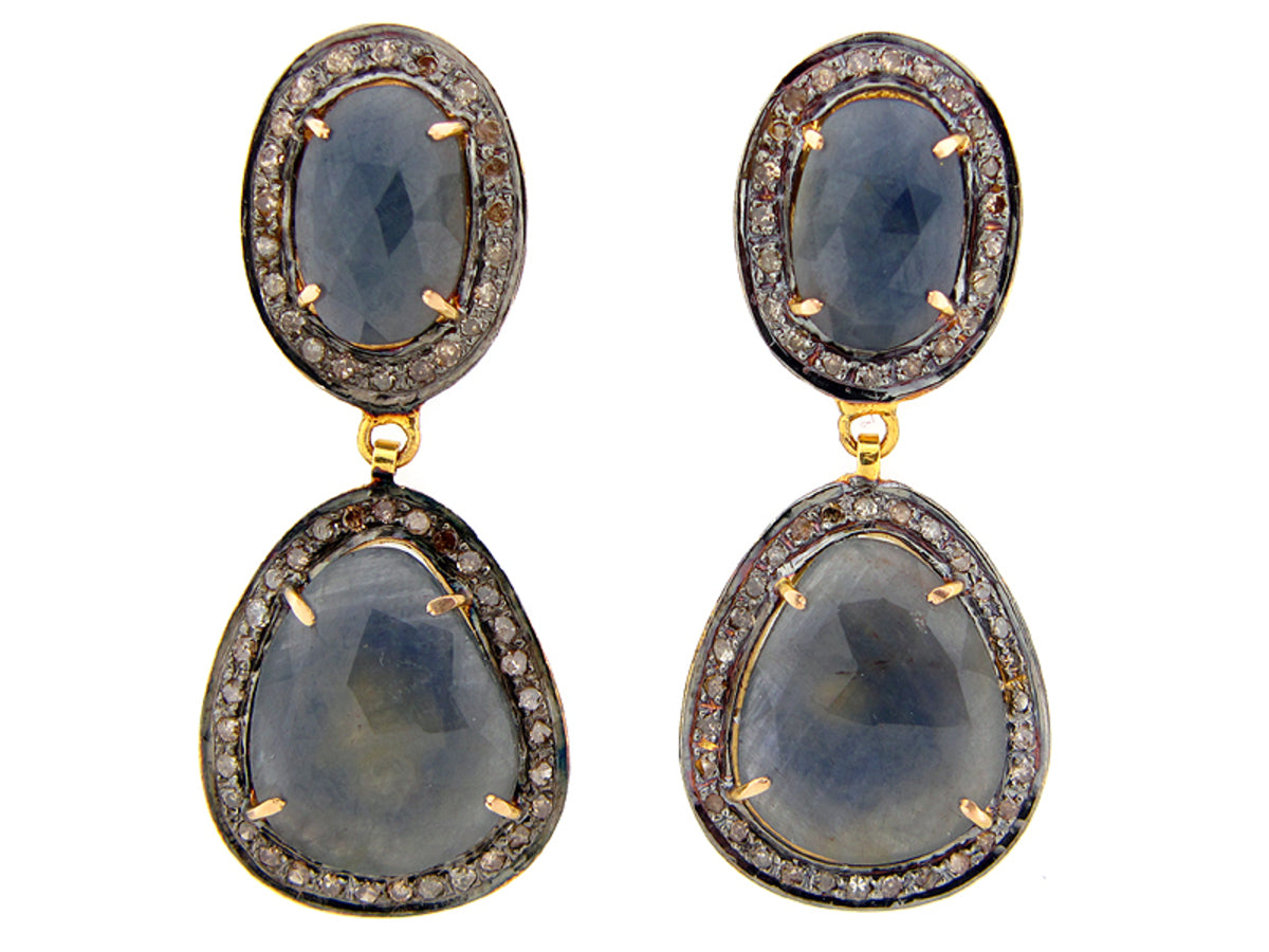 SAPPHIRE & BROWN DIAMOND EARRING, SILVER/14K POST & NUT, (N), C=27.00