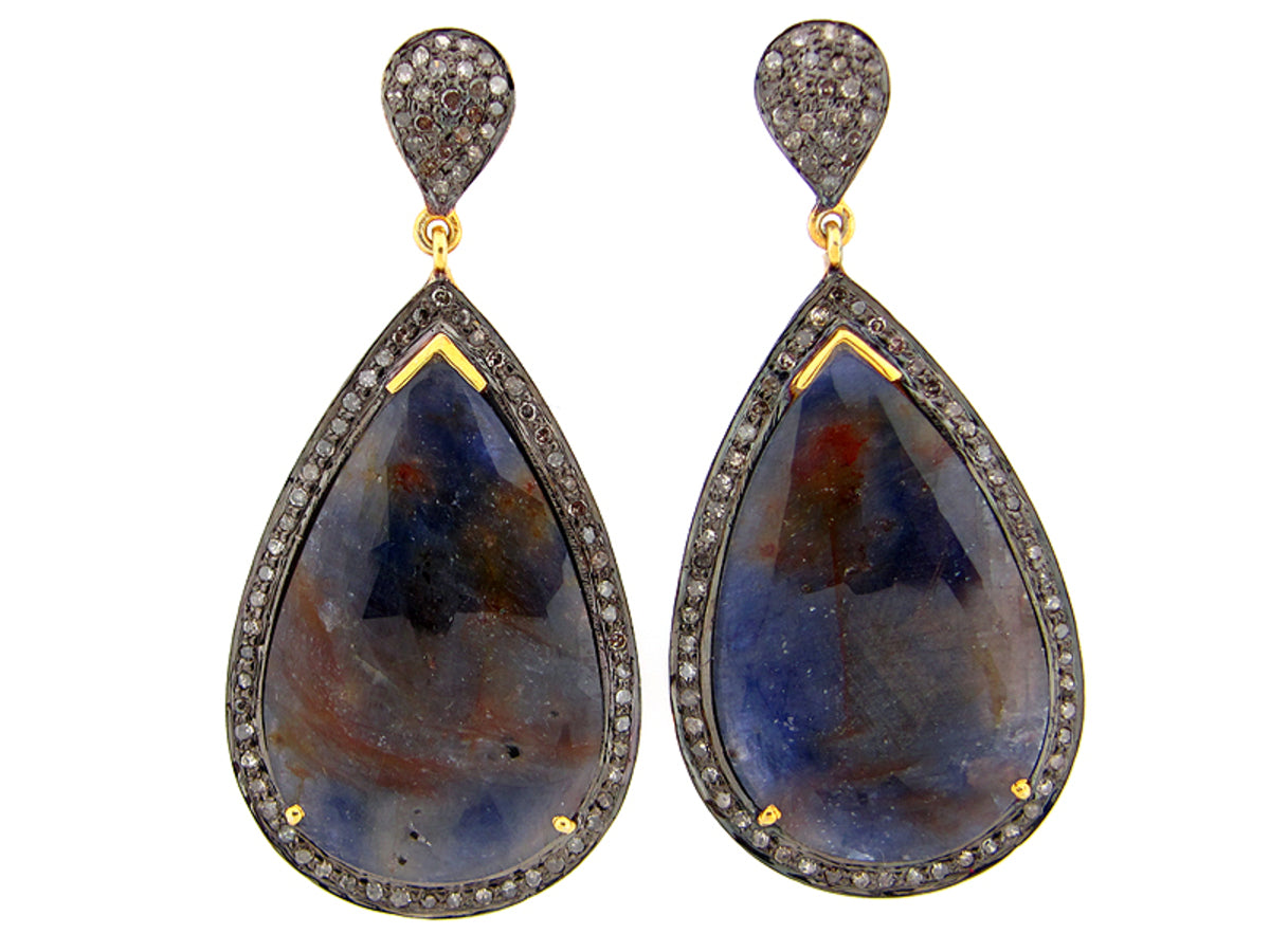 SAPPHIRE & BROWN DIAMOND EARRING, SILVER/14K POST & NUT, (N), C=40.96