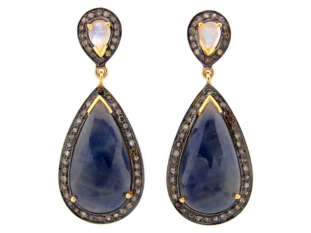 SAPPHIRE, MOONSTONE & BROWN DIAMOND EARRING, SILVER/14K POST & NUT, (N), C=28.35