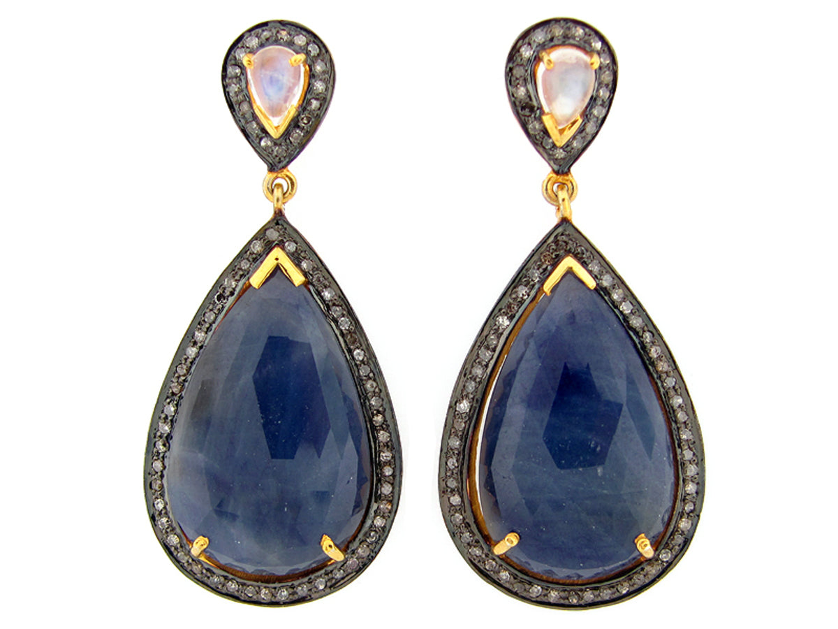SAPPHIRE, MOONSTONE & BROWN DIAMOND EARRING, SILVER/14K POST & NUT, (N), C=62.71
