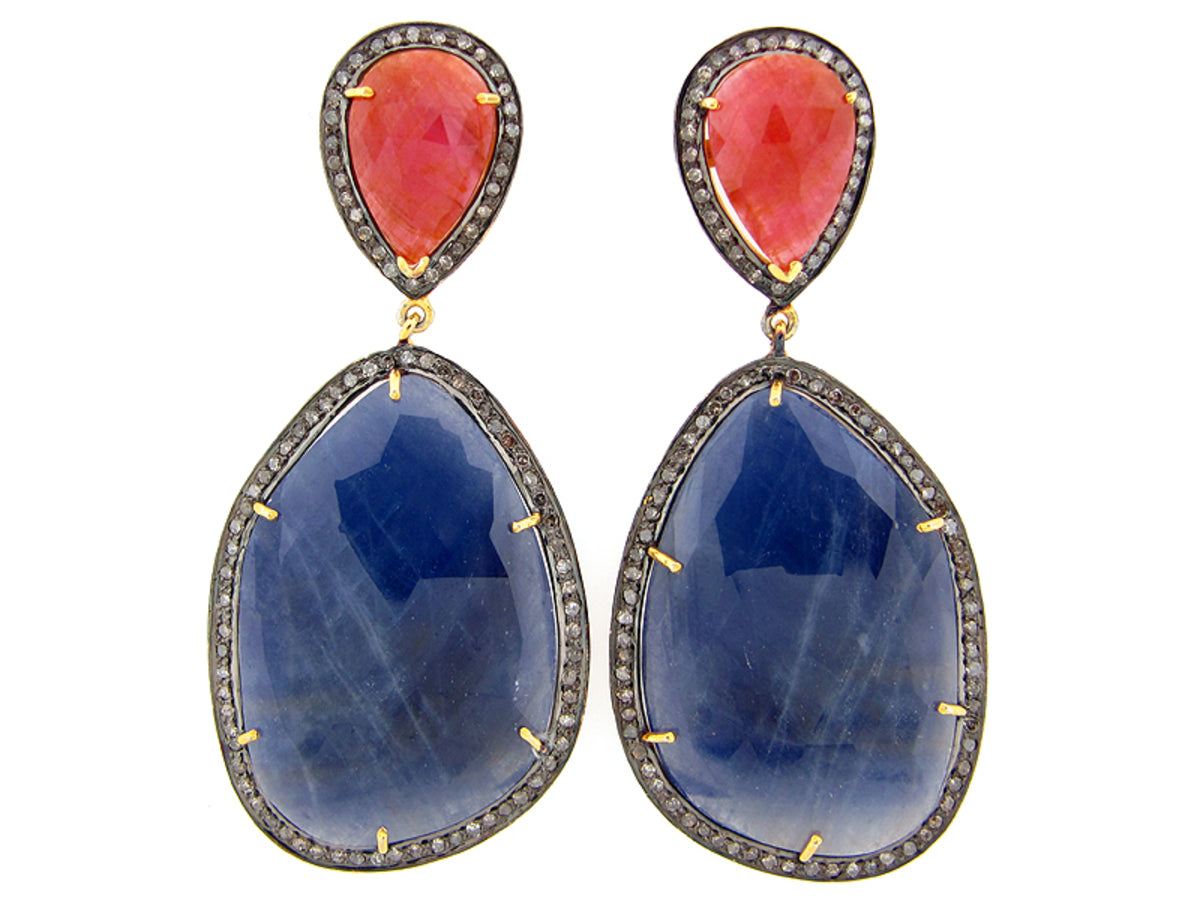 SAPPHIRE & BROWN DIAMOND EARRING, SILVER/14K POST & NUT, (N), C=69.94