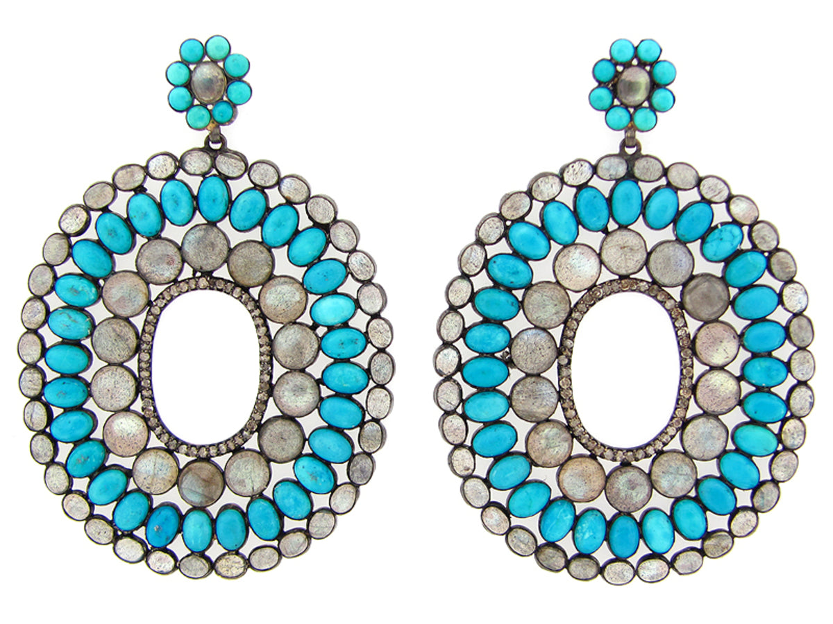 TURQUOISE, LABRADORITE, BROWN DIAMOND EARRING, SILVER (H), C=80.20