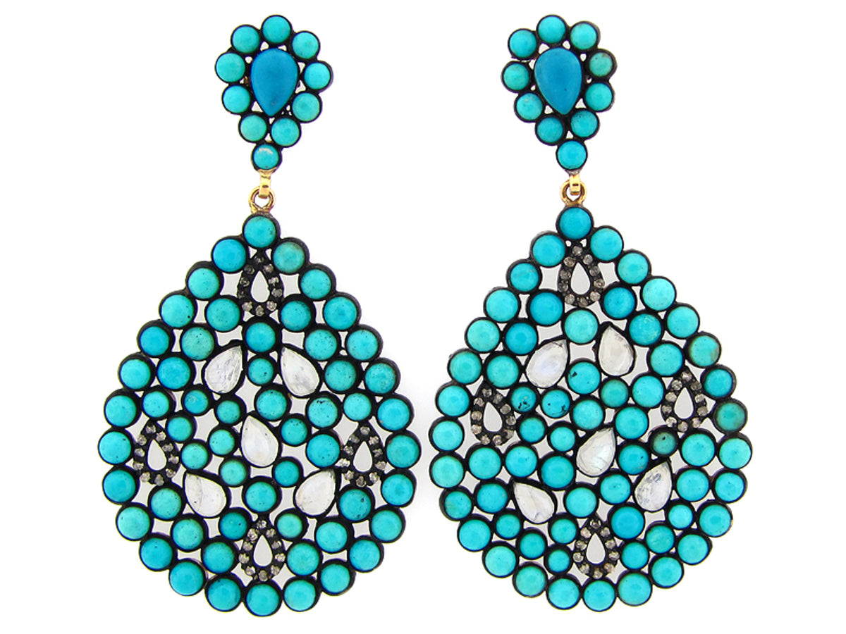 TURQUOISE, MOONSTONE, BROWN DIAMOND EARRING, SILVER (H)