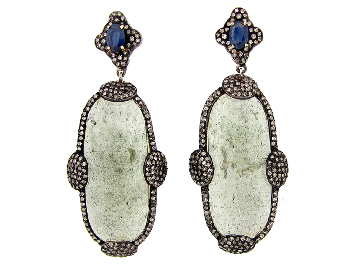 ROSE CUT SERPANTINE, SAPPHIRE & BROWN DIAMOND EARRING, SILVER (H/N)
