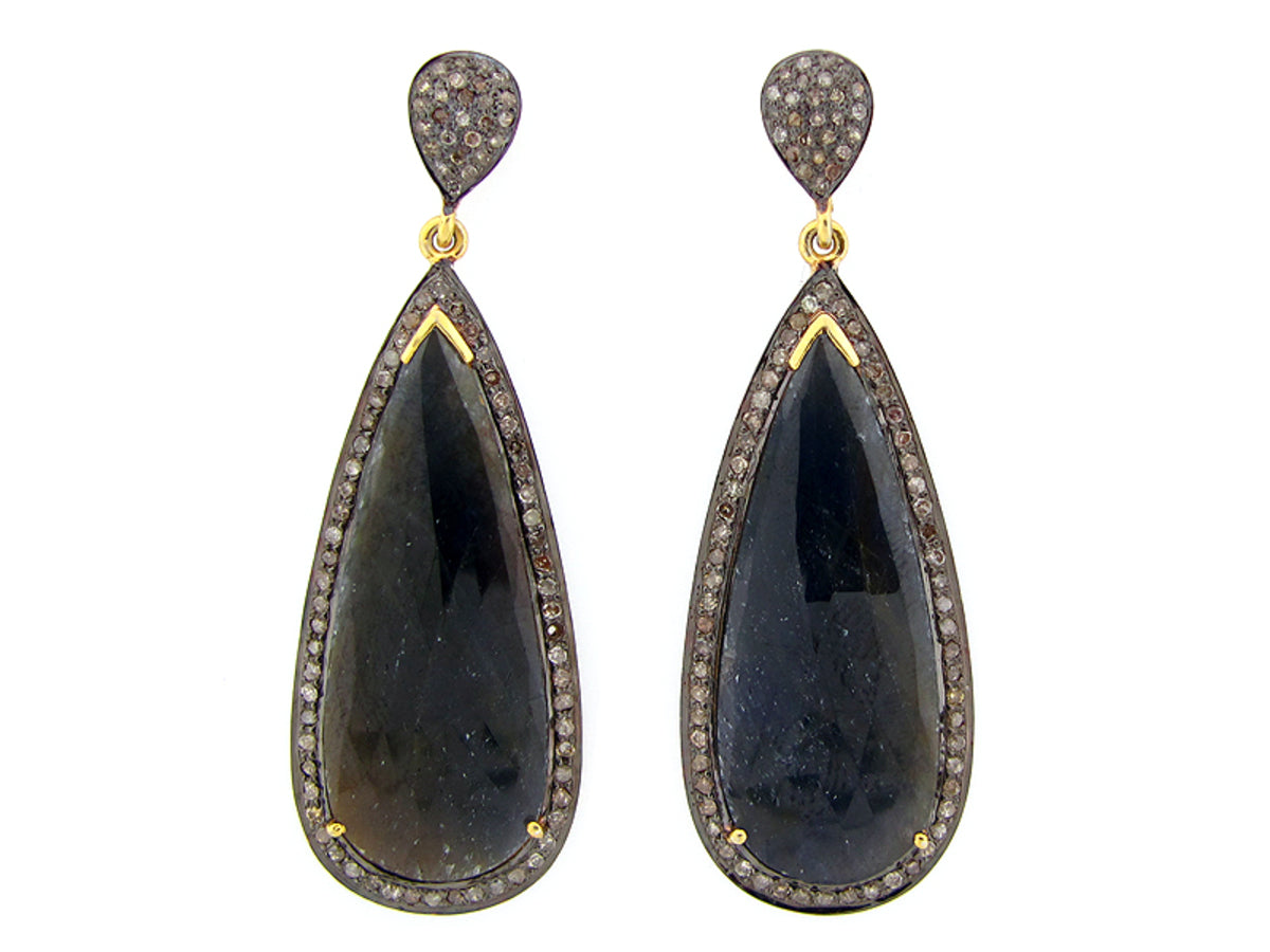 SAPPHIRE & BROWN DIAMOND EARRING, YELLOW FINISH, SILVER (H/N)