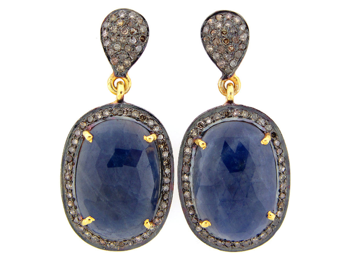 SAPPHIRE & BROWN DIAMOND EARRING, YELLOW FINISH, SILVER (H/N)