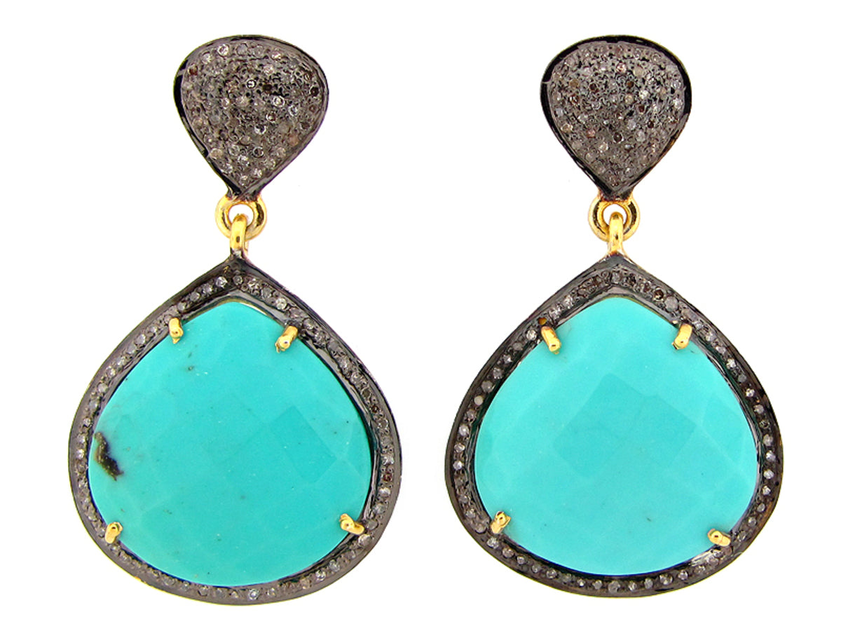 TURQUOISE & BROWN DIAMOND EARRING, YELLOW FINISH, SILVER (H)