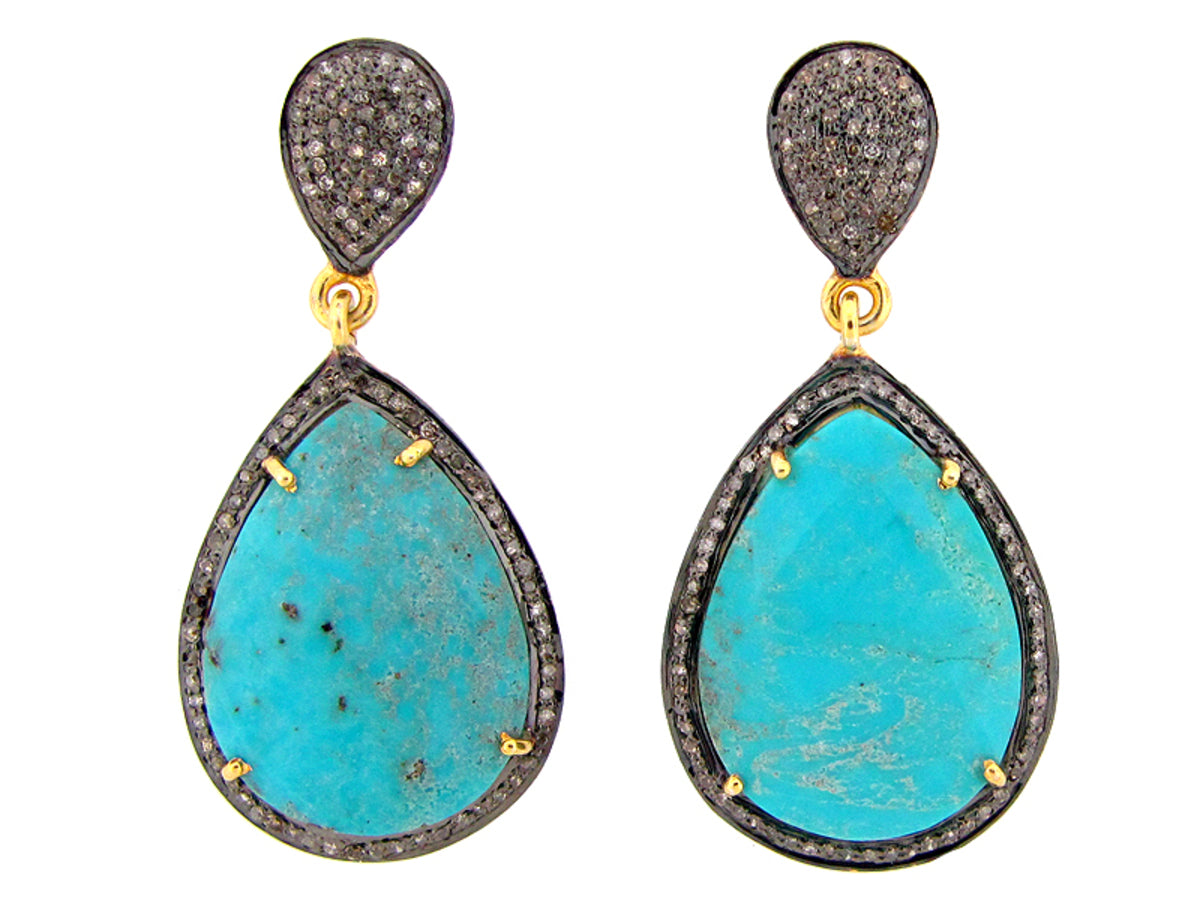 TURQUOISE & BROWN DIAMOND EARRING, YELLOW FINISH, SILVER (H)