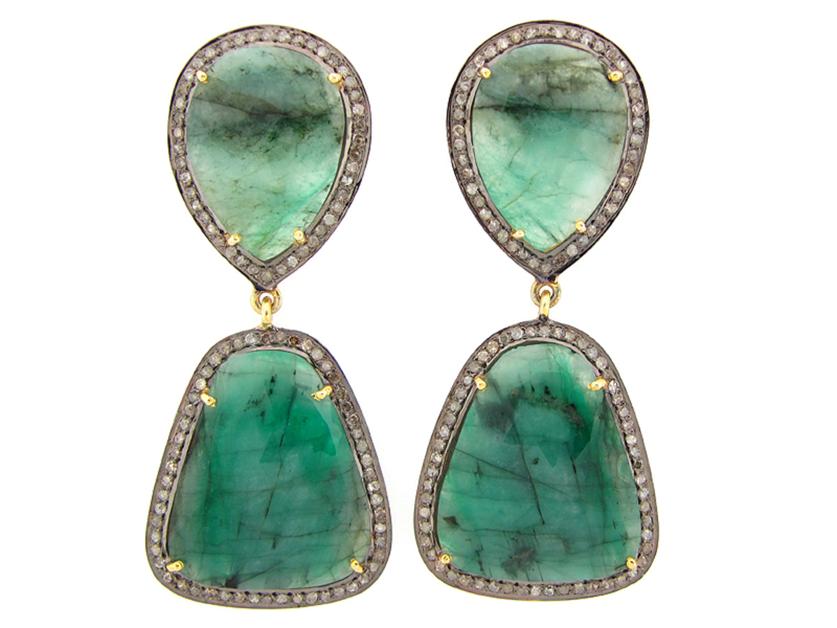 EMERALD & BROWN DIAMOND EARRING, YELLOW FINISH, SILVER (H/N)