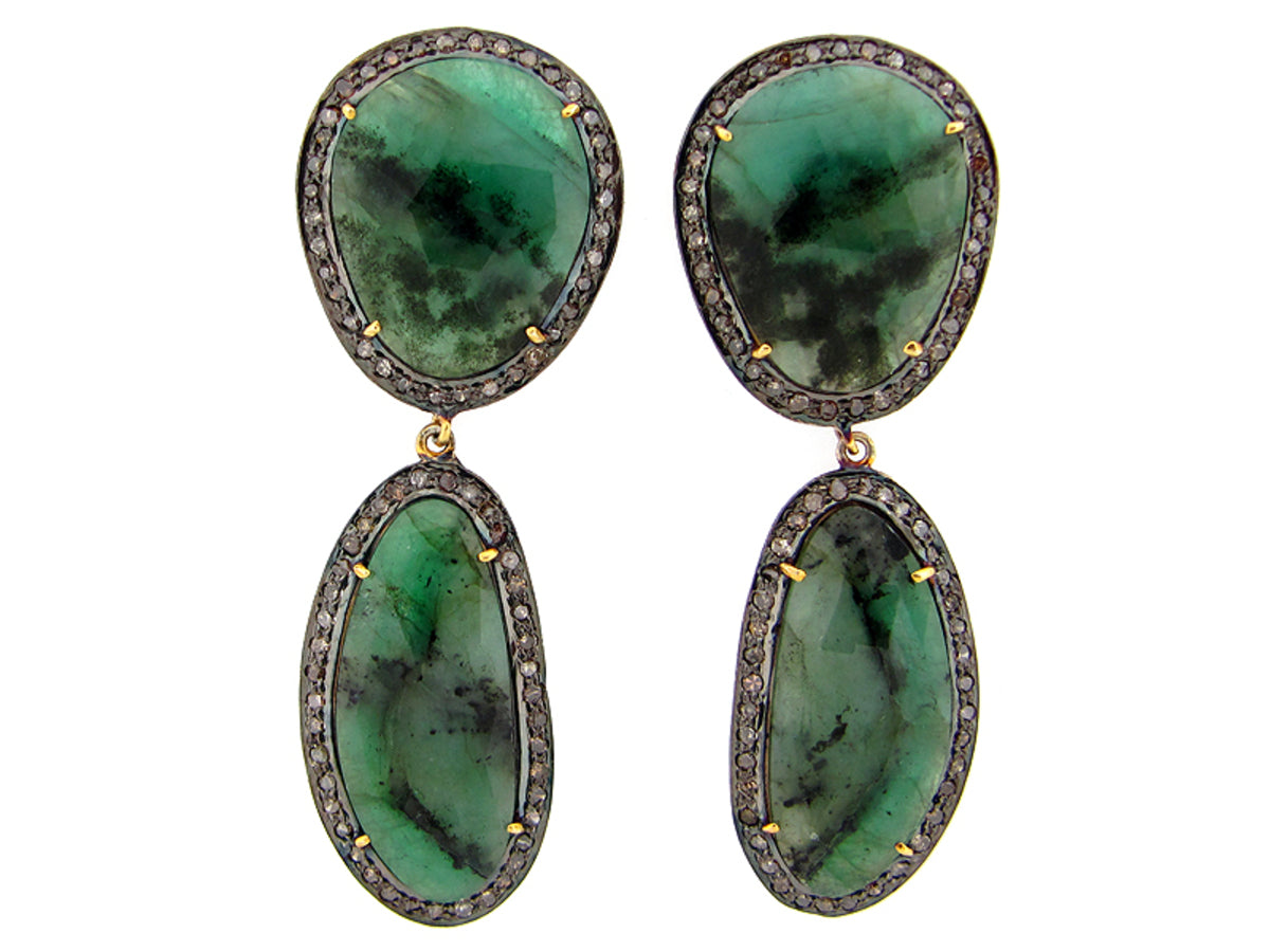 EMERALD AND BROWN DIAMOND EARRING, SILVER (O/N)