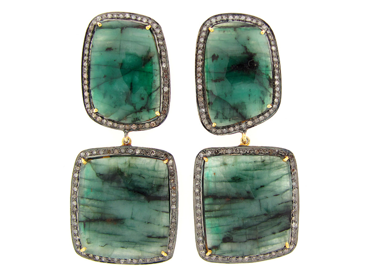 EMERALD & BROWN DIAMOND EARRING, YELLOW FINISH, SILVER (O/N)