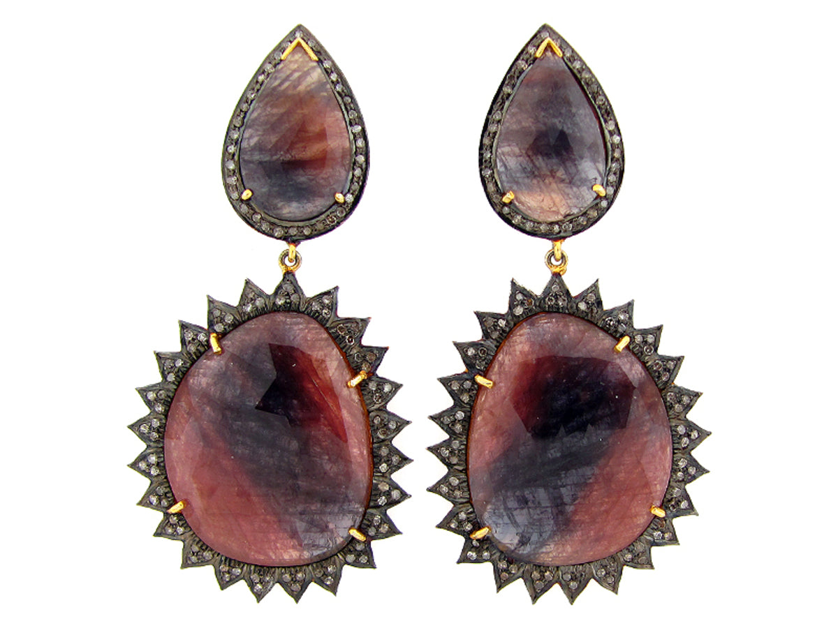 SAPPHIRE & BROWN DIAMOND EARRING, YELLOW FINISH, SILVER (H/N)