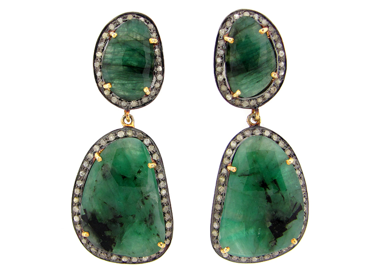 EMERALD AND BROWN DIAMOND EARRING, SILVER (O/N)