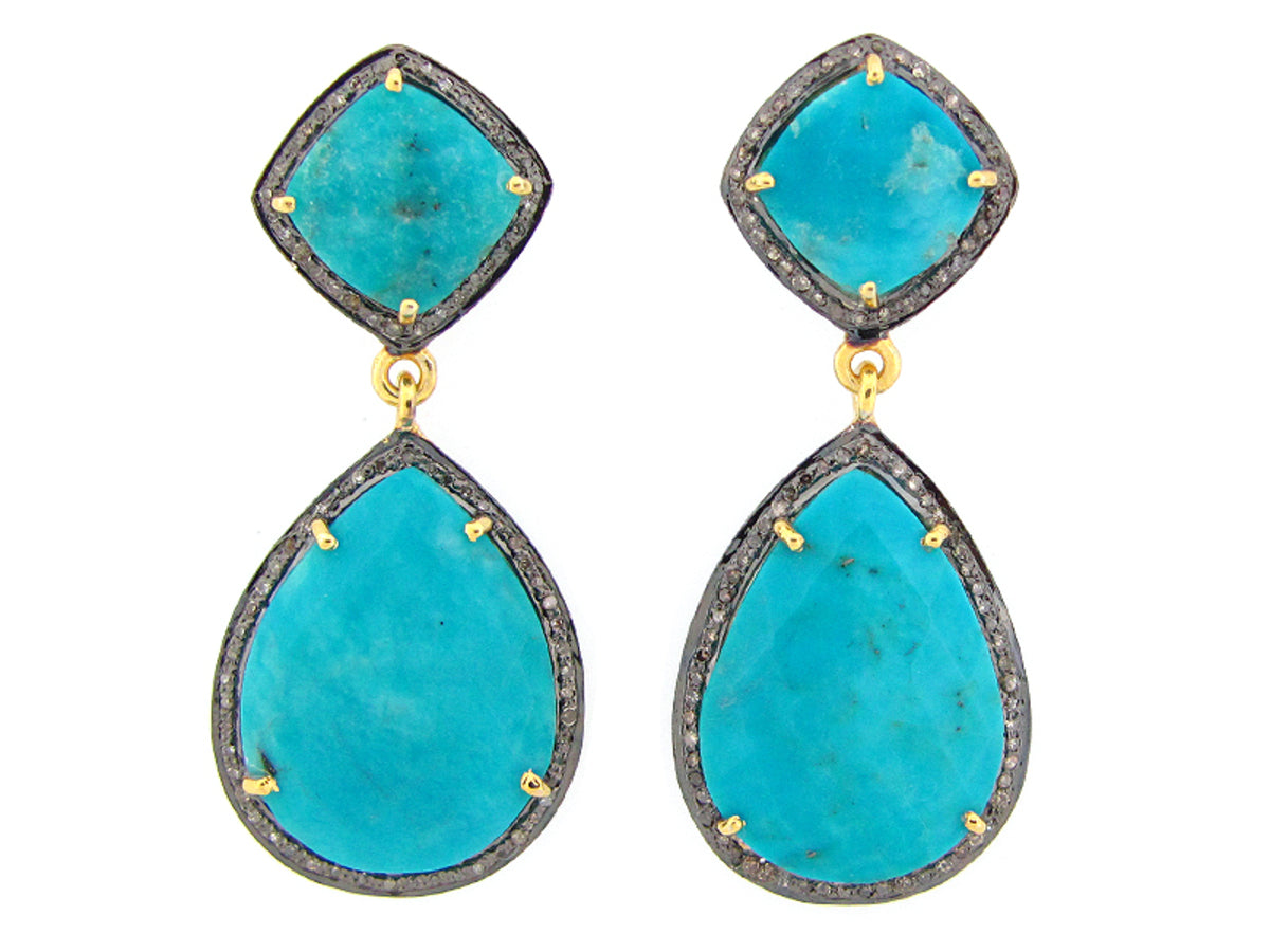 TURQUOISE & BROWN DIAMOND EARRING, YELLOW FINISH, SILVER (H)