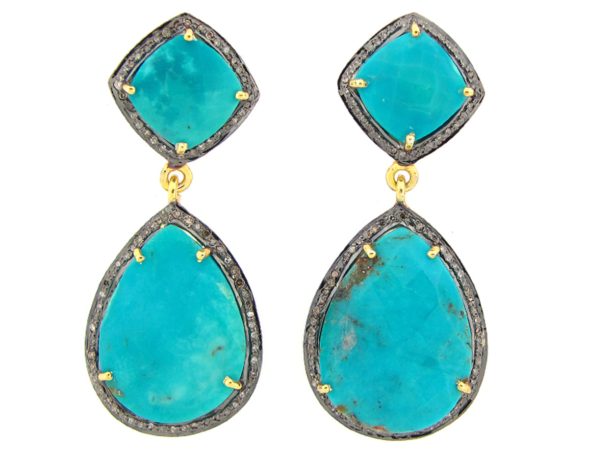 TURQUOISE & BROWN DIAMOND EARRING, YELLOW FINISH, SILVER (H)