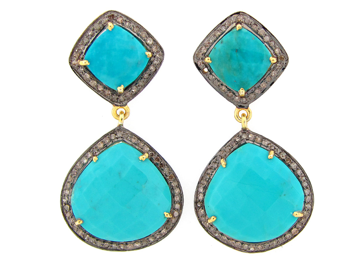 TURQUOISE & BROWN DIAMOND EARRING, YELLOW FINISH, SILVER (H)