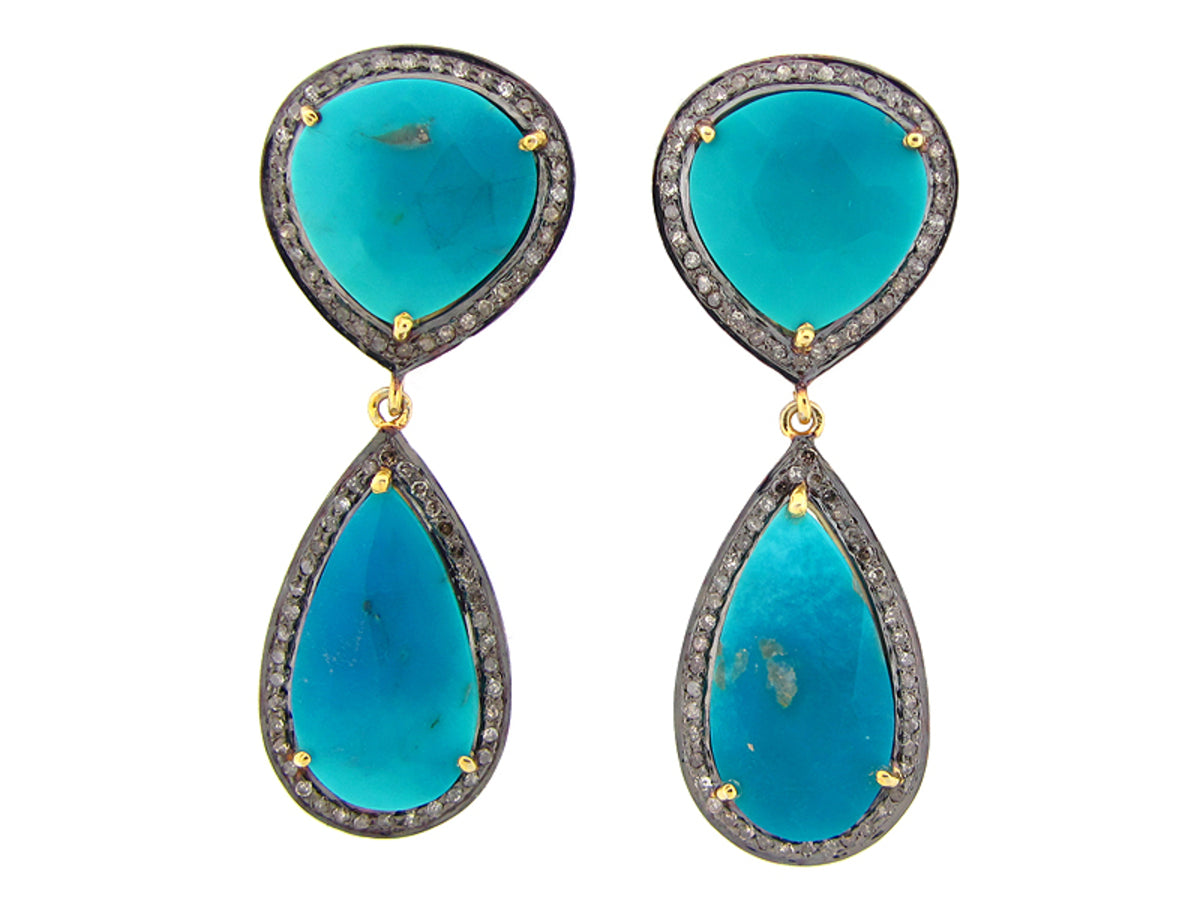 TURQUOISE & BROWN DIAMOND EARRING, YELLOW FINISH, SILVER (I/N)